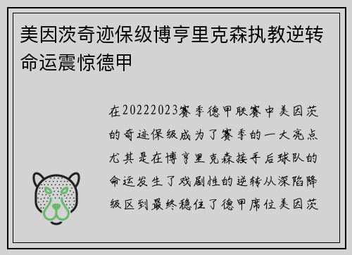 美因茨奇迹保级博亨里克森执教逆转命运震惊德甲 美因茨奇迹保级博亨里克森执教逆转命运震惊德甲